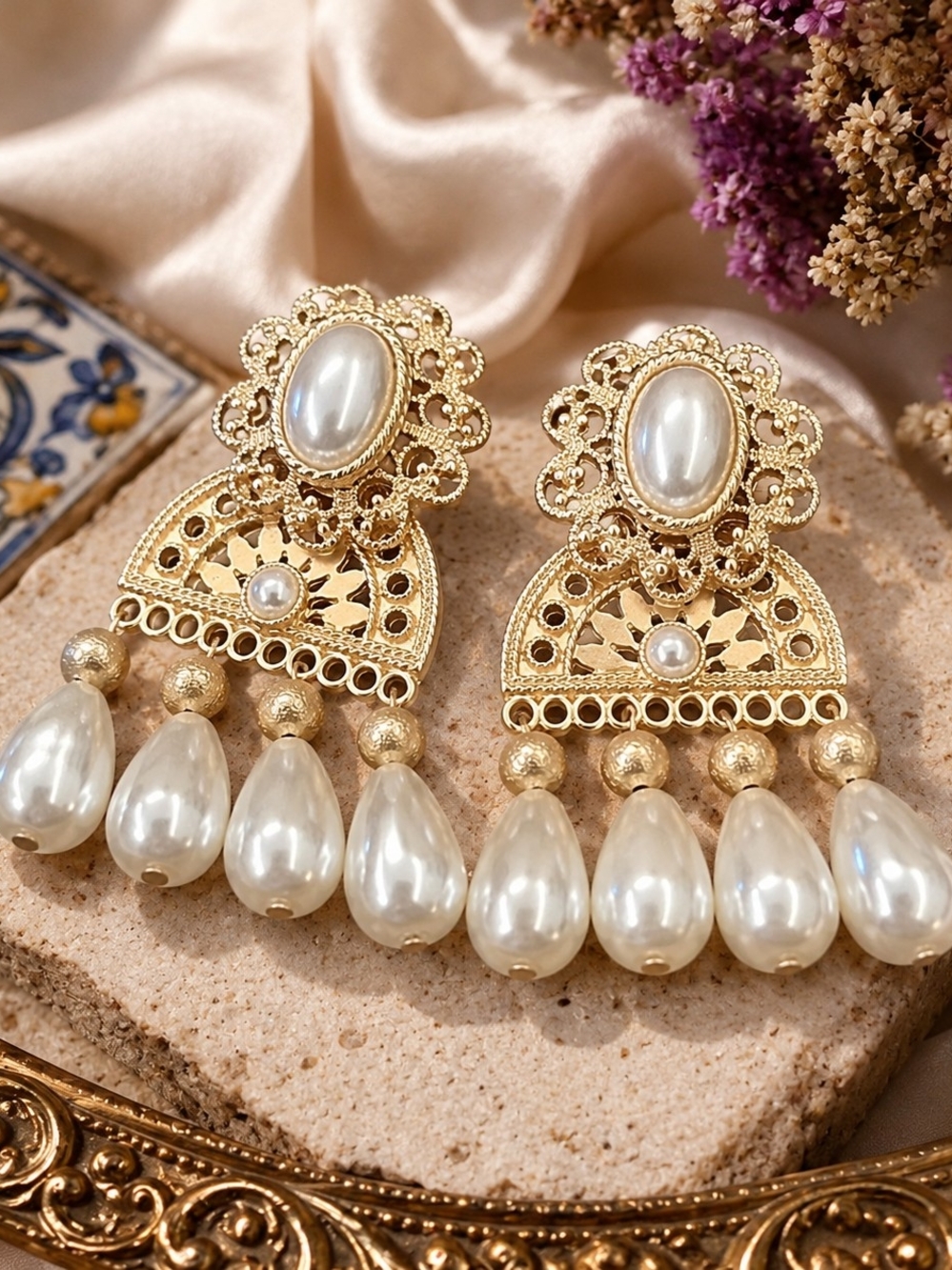 Vintage 1960s Spanish Import Faux Pearl Chandelier Earrings |RARE Estate Find